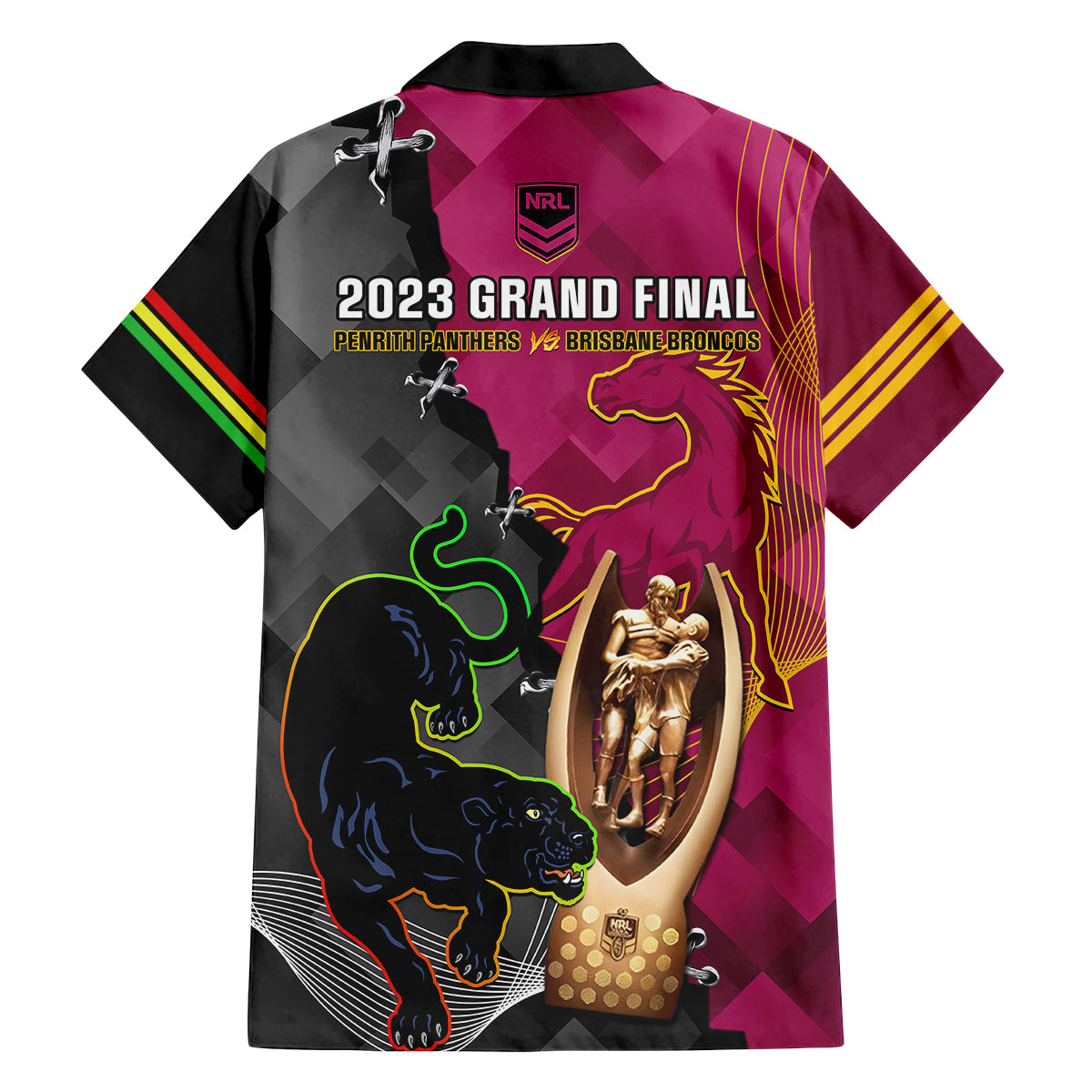 panthers-and-broncos-rugby-family-matching-off-shoulder-short-dress-and-hawaiian-shirt-2023-grand-final-penrith-brisbane-together