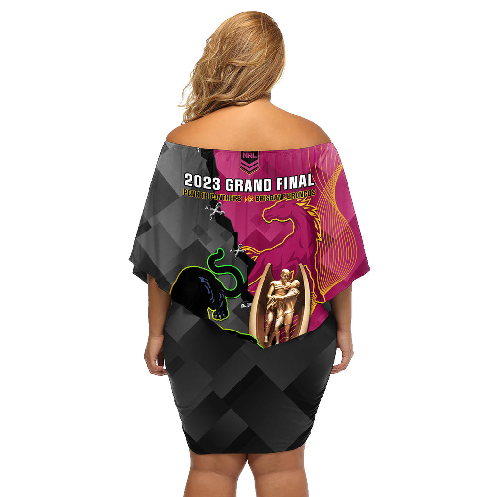 panthers-and-broncos-rugby-family-matching-off-shoulder-short-dress-and-hawaiian-shirt-2023-grand-final-penrith-brisbane-together