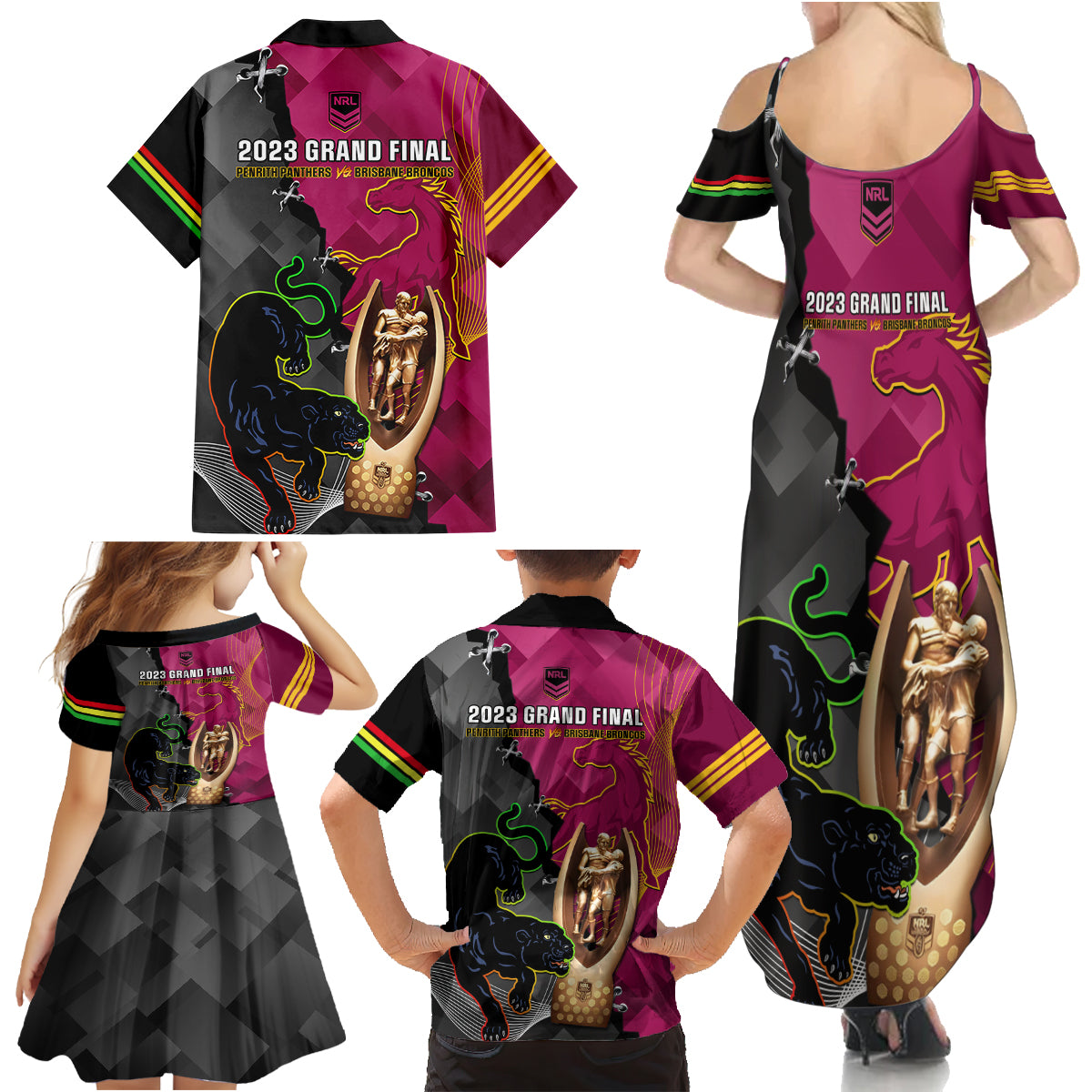 panthers-and-broncos-rugby-family-matching-summer-maxi-dress-and-hawaiian-shirt-2023-grand-final-penrith-brisbane-together