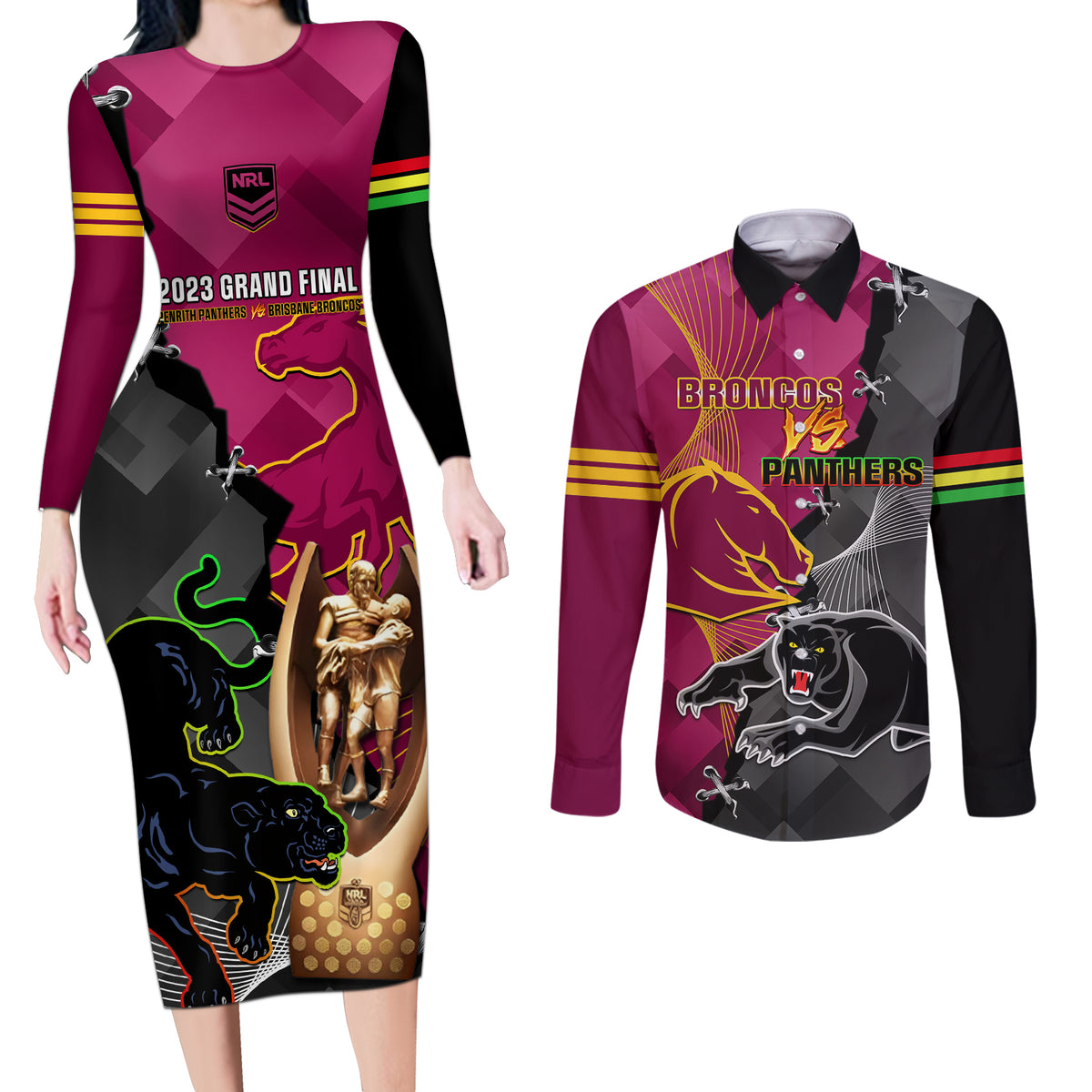 personalised-panthers-and-broncos-rugby-couples-matching-long-sleeve-bodycon-dress-and-long-sleeve-button-shirts-2023-grand-final-penrith-brisbane-together