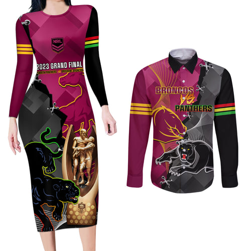 personalised-panthers-and-broncos-rugby-couples-matching-long-sleeve-bodycon-dress-and-long-sleeve-button-shirts-2023-grand-final-penrith-brisbane-together