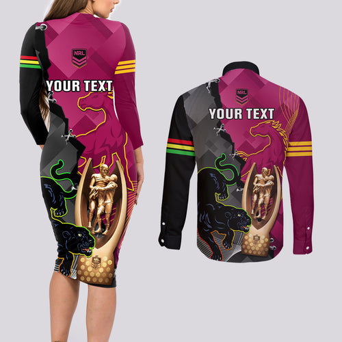 personalised-panthers-and-broncos-rugby-couples-matching-long-sleeve-bodycon-dress-and-long-sleeve-button-shirts-2023-grand-final-penrith-brisbane-together