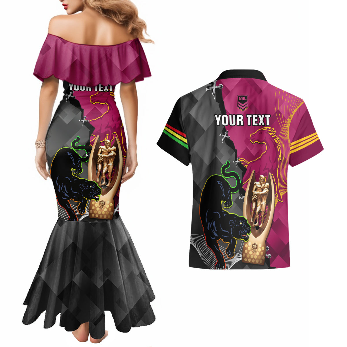 personalised-panthers-and-broncos-rugby-couples-matching-mermaid-dress-and-hawaiian-shirt-2023-grand-final-penrith-brisbane-together