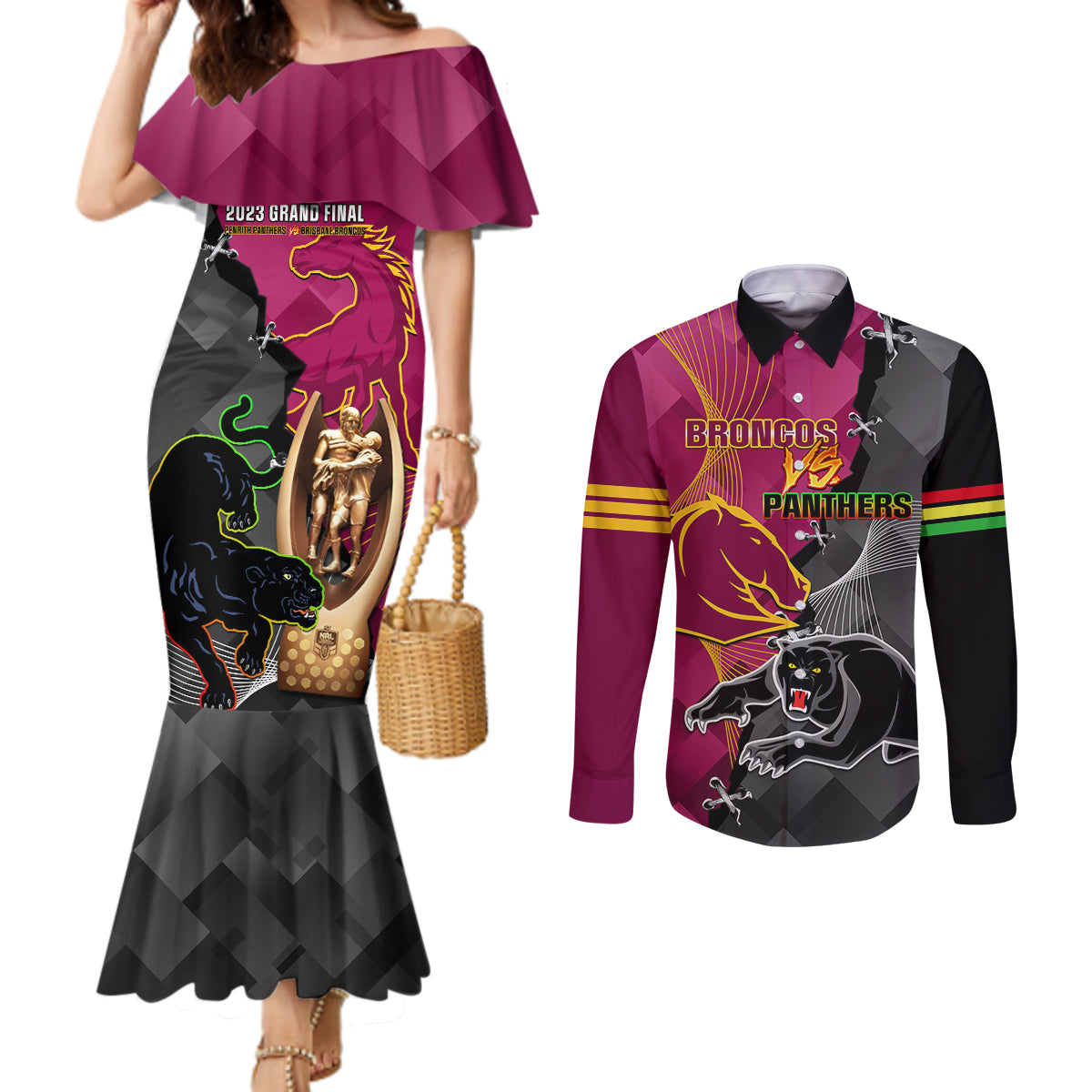 personalised-panthers-and-broncos-rugby-couples-matching-mermaid-dress-and-long-sleeve-button-shirts-2023-grand-final-penrith-brisbane-together