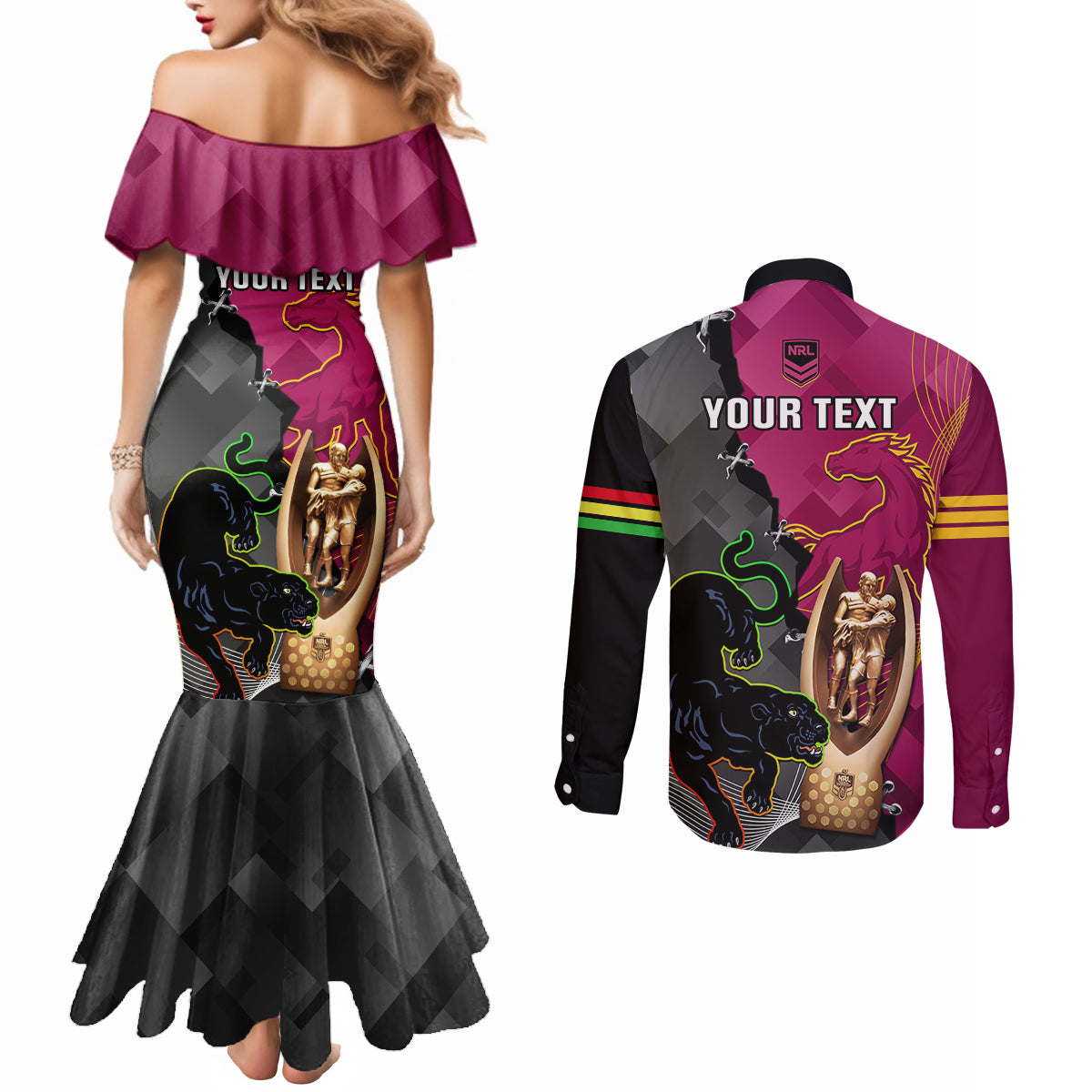 personalised-panthers-and-broncos-rugby-couples-matching-mermaid-dress-and-long-sleeve-button-shirts-2023-grand-final-penrith-brisbane-together