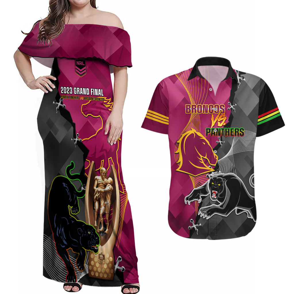 personalised-panthers-and-broncos-rugby-couples-matching-off-shoulder-maxi-dress-and-hawaiian-shirt-2023-grand-final-penrith-brisbane-together