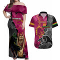 personalised-panthers-and-broncos-rugby-couples-matching-off-shoulder-maxi-dress-and-hawaiian-shirt-2023-grand-final-penrith-brisbane-together