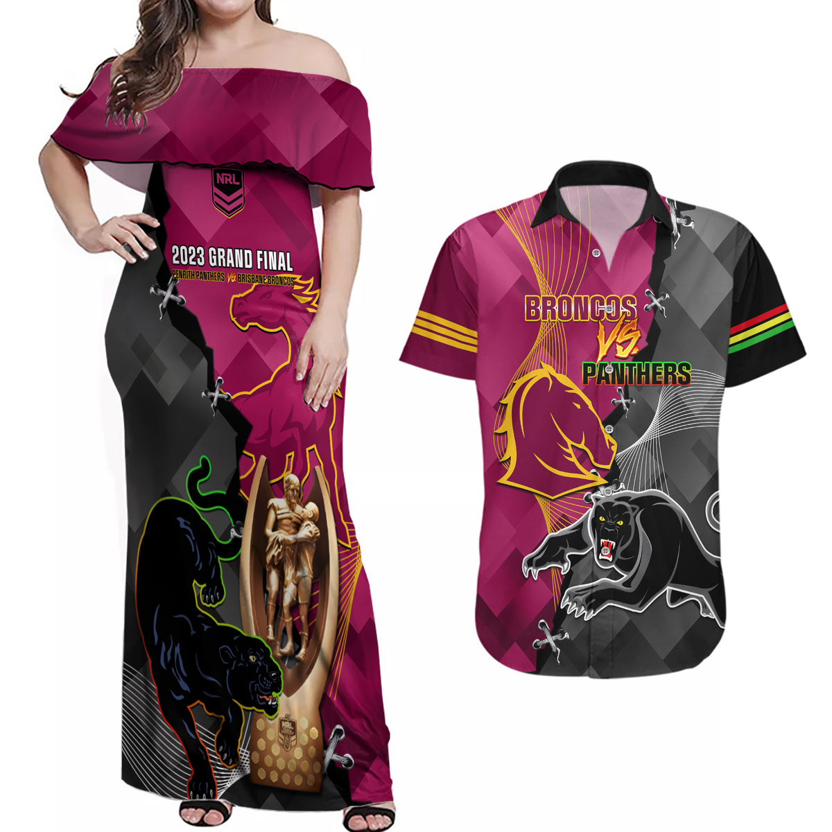 personalised-panthers-and-broncos-rugby-couples-matching-off-shoulder-maxi-dress-and-hawaiian-shirt-2023-grand-final-penrith-brisbane-together