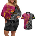 personalised-panthers-and-broncos-rugby-couples-matching-off-shoulder-short-dress-and-hawaiian-shirt-2023-grand-final-penrith-brisbane-together