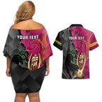personalised-panthers-and-broncos-rugby-couples-matching-off-shoulder-short-dress-and-hawaiian-shirt-2023-grand-final-penrith-brisbane-together