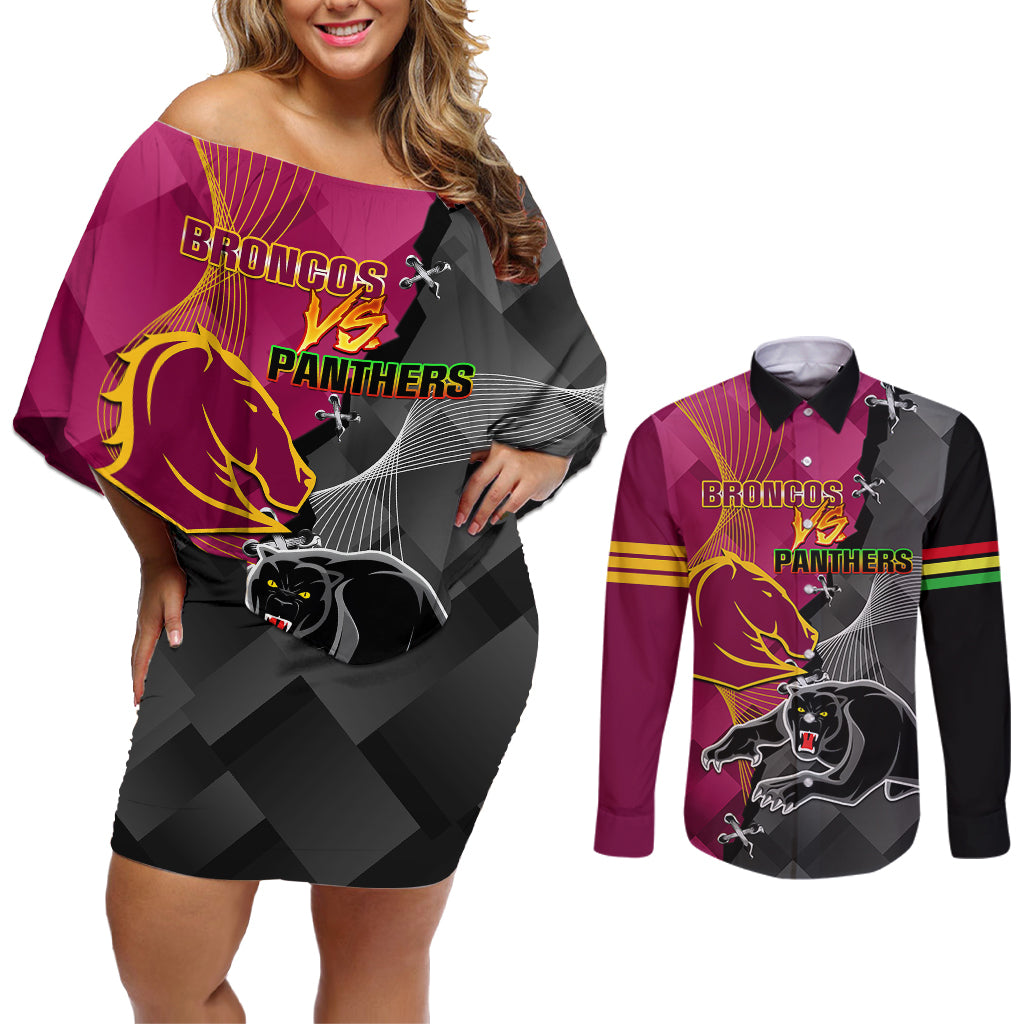personalised-panthers-and-broncos-rugby-couples-matching-off-shoulder-short-dress-and-long-sleeve-button-shirts-2023-grand-final-penrith-brisbane-together