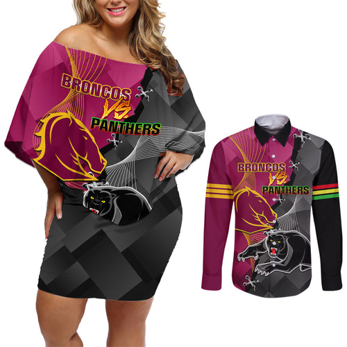 personalised-panthers-and-broncos-rugby-couples-matching-off-shoulder-short-dress-and-long-sleeve-button-shirts-2023-grand-final-penrith-brisbane-together