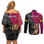 personalised-panthers-and-broncos-rugby-couples-matching-off-shoulder-short-dress-and-long-sleeve-button-shirts-2023-grand-final-penrith-brisbane-together