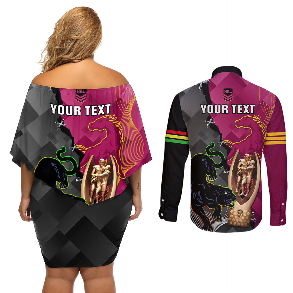 personalised-panthers-and-broncos-rugby-couples-matching-off-shoulder-short-dress-and-long-sleeve-button-shirts-2023-grand-final-penrith-brisbane-together