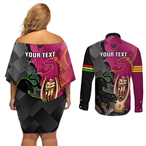 personalised-panthers-and-broncos-rugby-couples-matching-off-shoulder-short-dress-and-long-sleeve-button-shirts-2023-grand-final-penrith-brisbane-together
