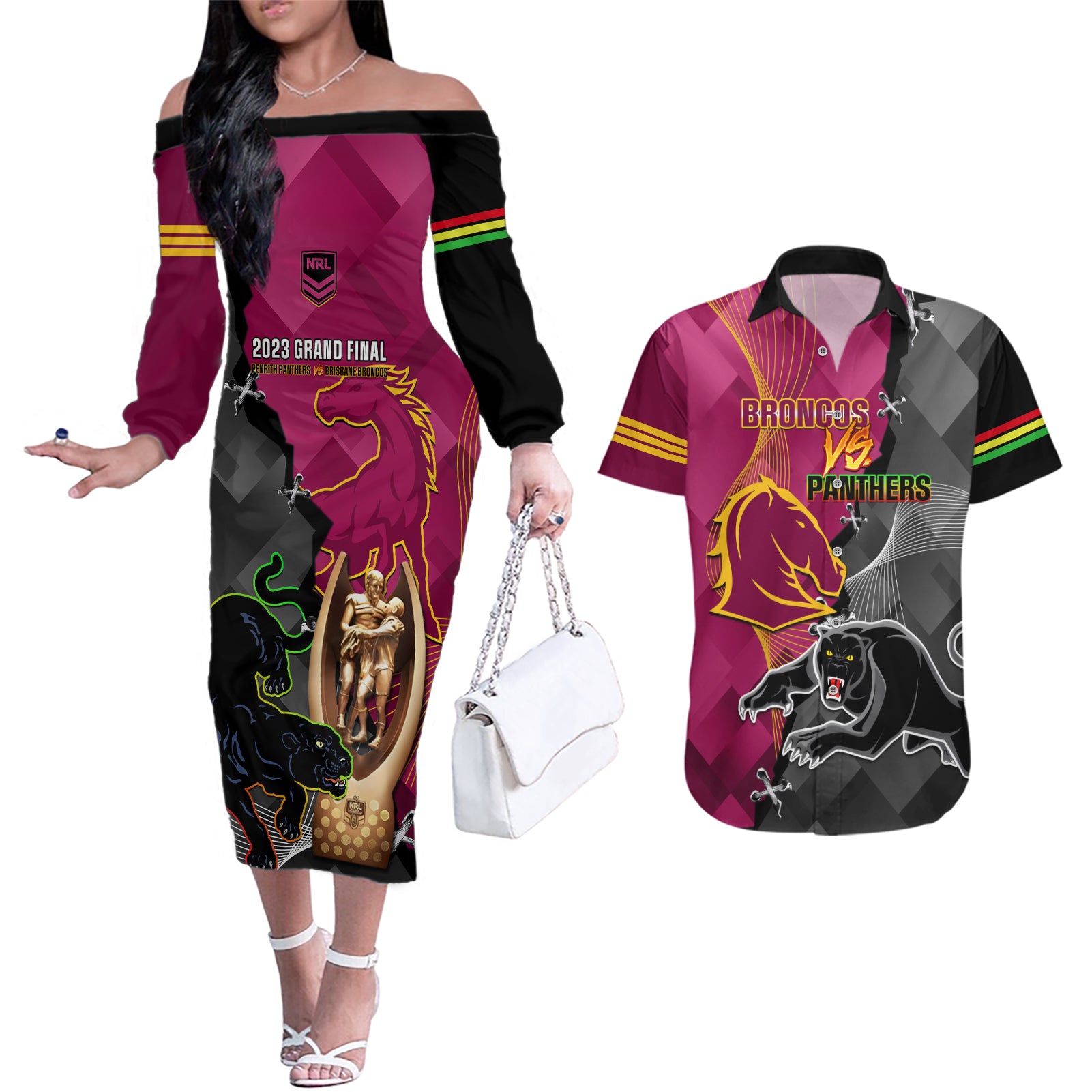 personalised-panthers-and-broncos-rugby-couples-matching-off-the-shoulder-long-sleeve-dress-and-hawaiian-shirt-2023-grand-final-penrith-brisbane-together