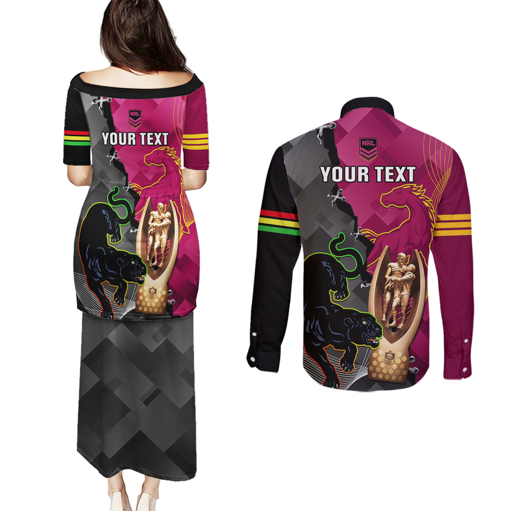 personalised-panthers-and-broncos-rugby-couples-matching-puletasi-dress-and-long-sleeve-button-shirts-2023-grand-final-penrith-brisbane-together