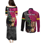 personalised-panthers-and-broncos-rugby-couples-matching-puletasi-dress-and-long-sleeve-button-shirts-2023-grand-final-penrith-brisbane-together