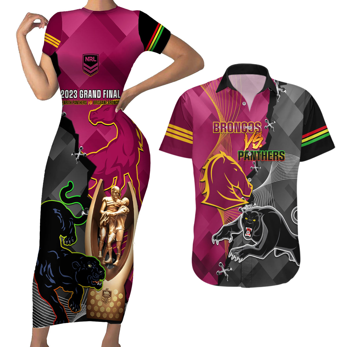 personalised-panthers-and-broncos-rugby-couples-matching-short-sleeve-bodycon-dress-and-hawaiian-shirt-2023-grand-final-penrith-brisbane-together