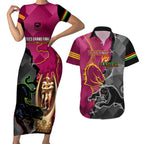 personalised-panthers-and-broncos-rugby-couples-matching-short-sleeve-bodycon-dress-and-hawaiian-shirt-2023-grand-final-penrith-brisbane-together