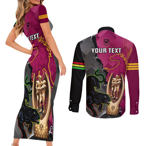 personalised-panthers-and-broncos-rugby-couples-matching-short-sleeve-bodycon-dress-and-long-sleeve-button-shirts-2023-grand-final-penrith-brisbane-together