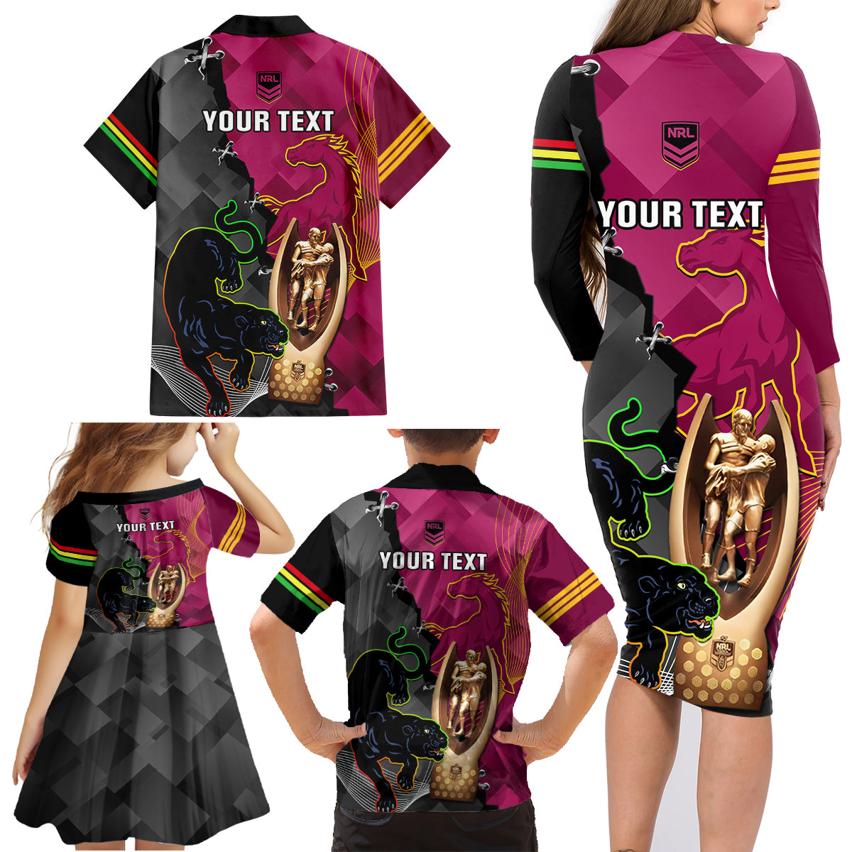 personalised-panthers-and-broncos-rugby-family-matching-long-sleeve-bodycon-dress-and-hawaiian-shirt-2023-grand-final-penrith-brisbane-together