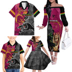 personalised-panthers-and-broncos-rugby-family-matching-off-shoulder-long-sleeve-dress-and-hawaiian-shirt-2023-grand-final-penrith-brisbane-together