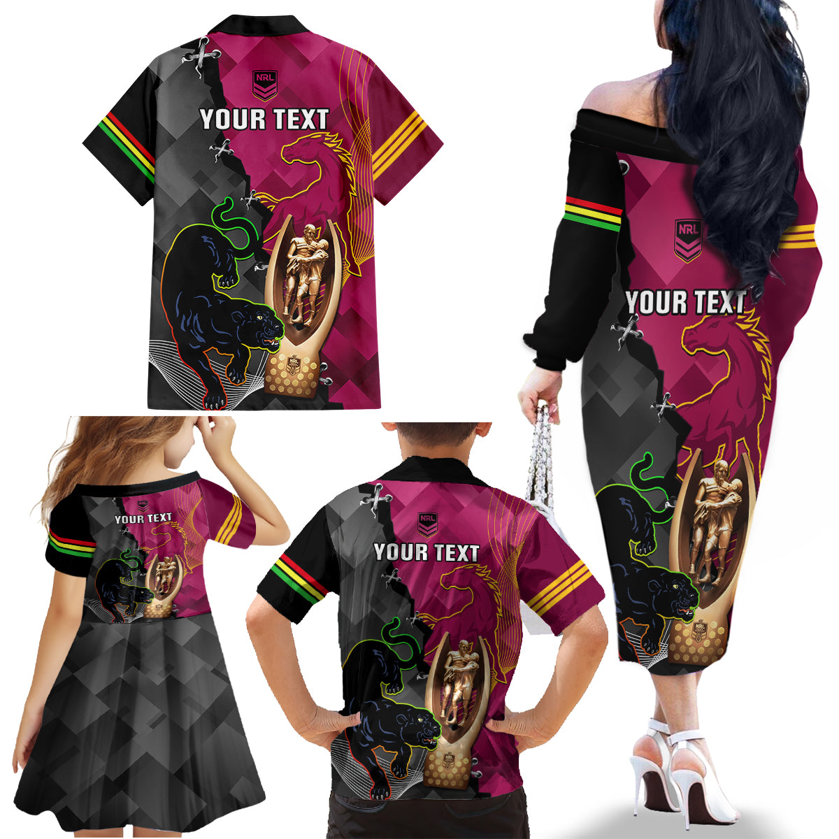 personalised-panthers-and-broncos-rugby-family-matching-off-shoulder-long-sleeve-dress-and-hawaiian-shirt-2023-grand-final-penrith-brisbane-together