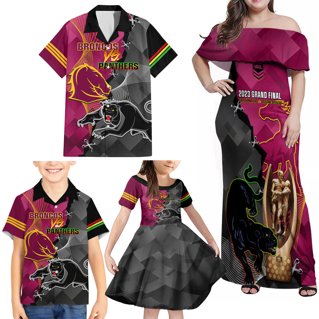 personalised-panthers-and-broncos-rugby-family-matching-off-shoulder-maxi-dress-and-hawaiian-shirt-2023-grand-final-penrith-brisbane-together