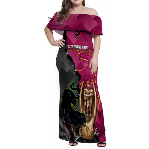 personalised-panthers-and-broncos-rugby-family-matching-off-shoulder-maxi-dress-and-hawaiian-shirt-2023-grand-final-penrith-brisbane-together