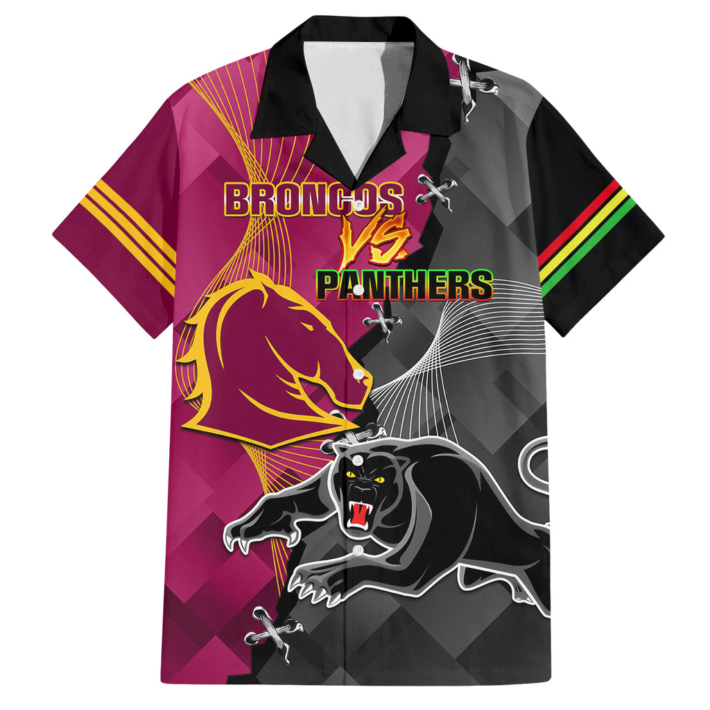 personalised-panthers-and-broncos-rugby-family-matching-off-shoulder-short-dress-and-hawaiian-shirt-2023-grand-final-penrith-brisbane-together