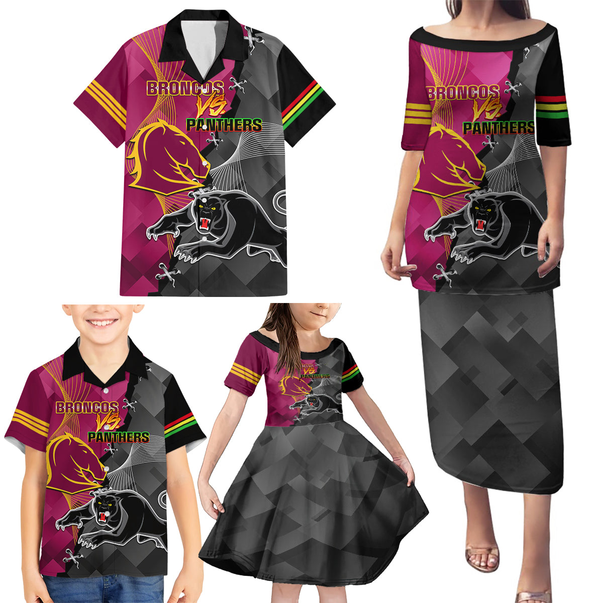 personalised-panthers-and-broncos-rugby-family-matching-puletasi-dress-and-hawaiian-shirt-2023-grand-final-penrith-brisbane-together