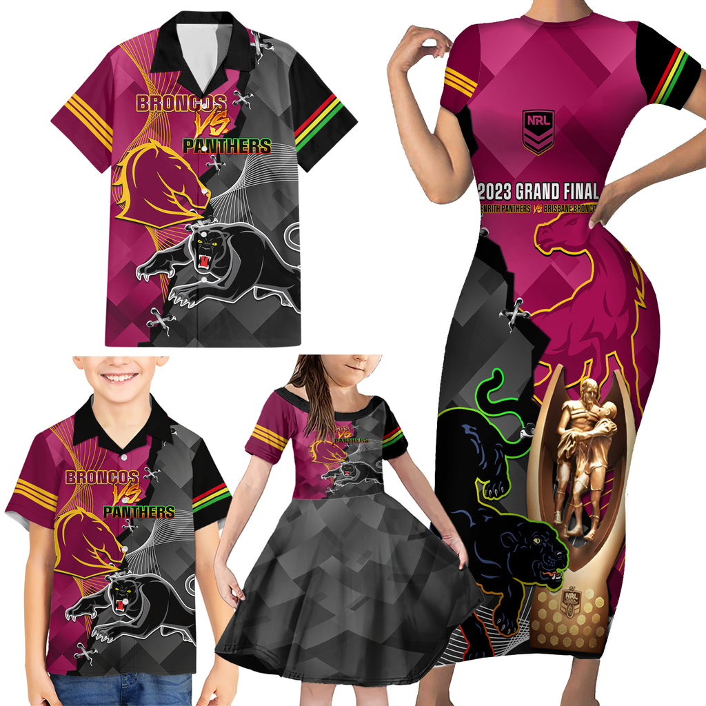 personalised-panthers-and-broncos-rugby-family-matching-short-sleeve-bodycon-dress-and-hawaiian-shirt-2023-grand-final-penrith-brisbane-together