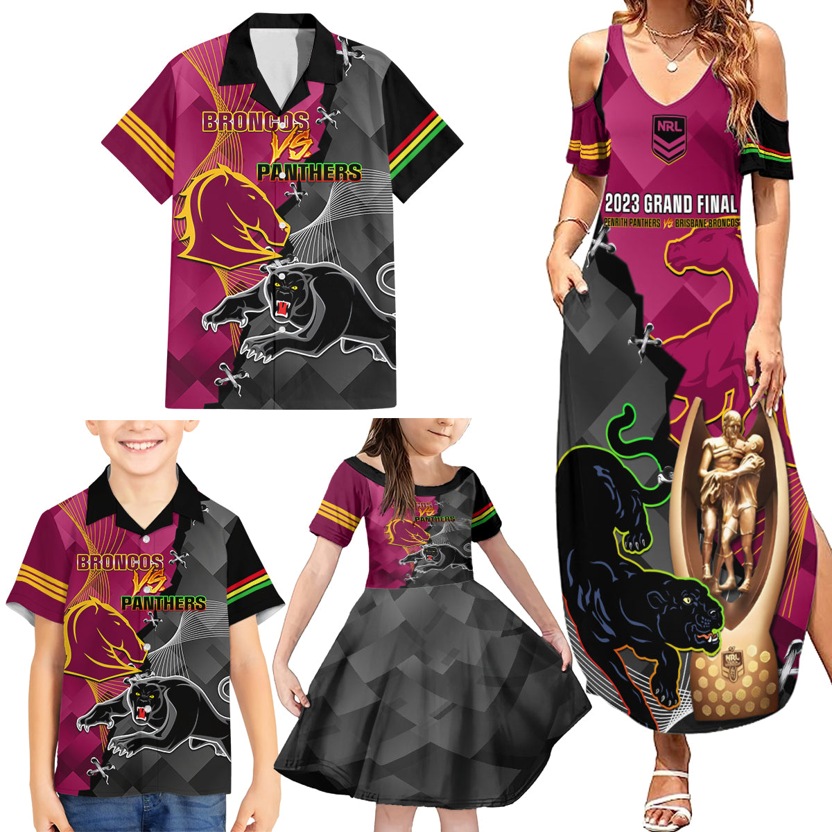 personalised-panthers-and-broncos-rugby-family-matching-summer-maxi-dress-and-hawaiian-shirt-2023-grand-final-penrith-brisbane-together