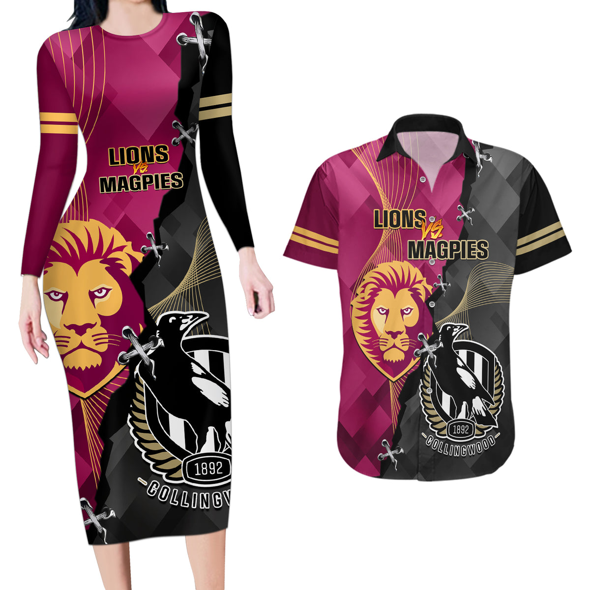 collingwood-and-lions-football-couples-matching-long-sleeve-bodycon-dress-and-hawaiian-shirt-2023-grand-final-magpies-brisbane-together