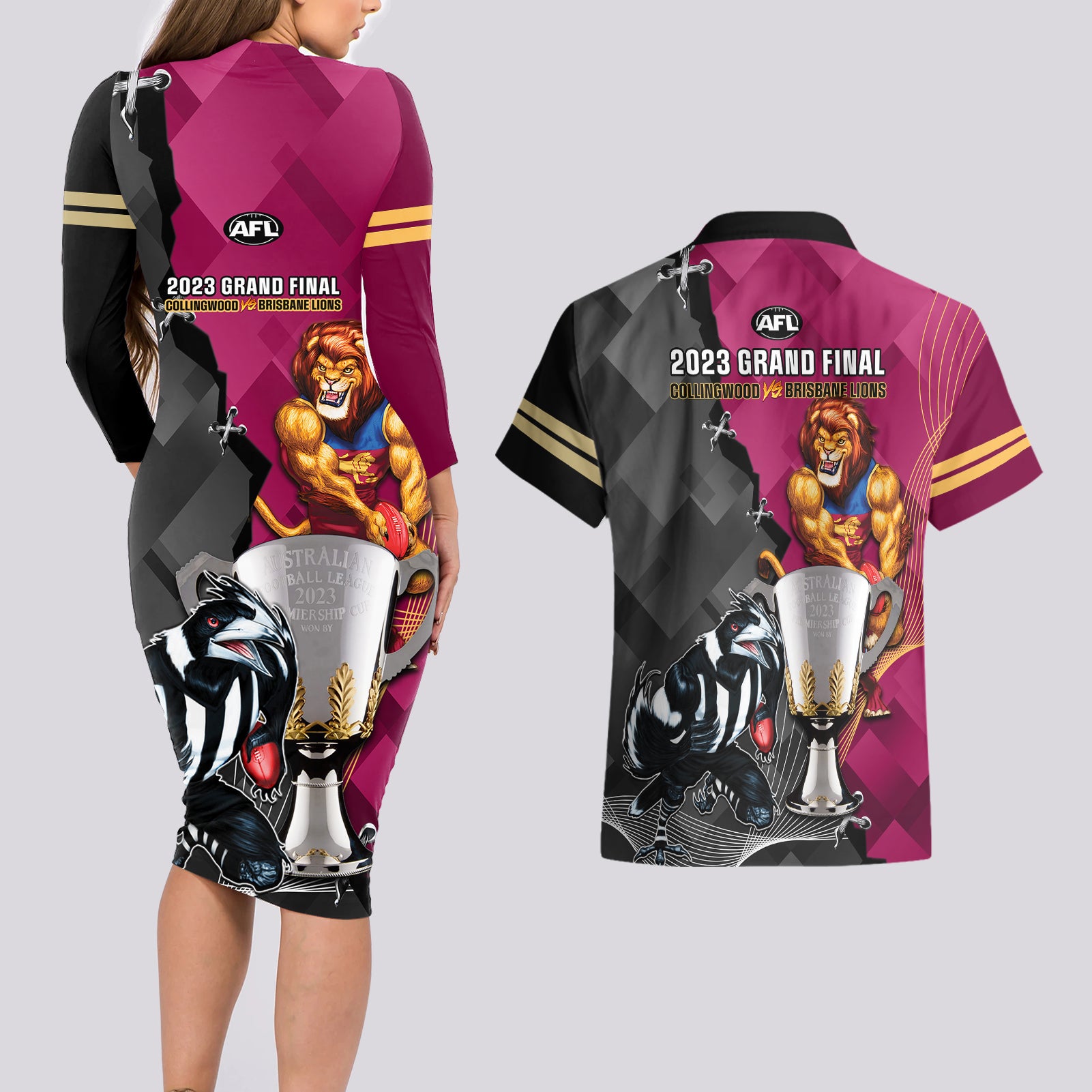 collingwood-and-lions-football-couples-matching-long-sleeve-bodycon-dress-and-hawaiian-shirt-2023-grand-final-magpies-brisbane-together