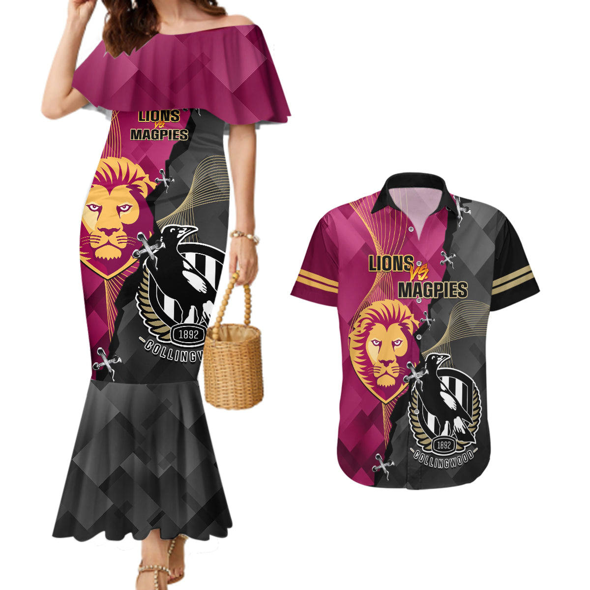 collingwood-and-lions-football-couples-matching-mermaid-dress-and-hawaiian-shirt-2023-grand-final-magpies-brisbane-together