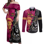 collingwood-and-lions-football-couples-matching-off-shoulder-maxi-dress-and-long-sleeve-button-shirts-2023-grand-final-magpies-brisbane-together