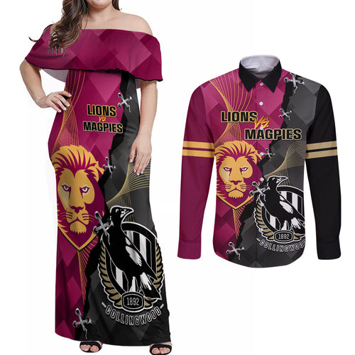 collingwood-and-lions-football-couples-matching-off-shoulder-maxi-dress-and-long-sleeve-button-shirts-2023-grand-final-magpies-brisbane-together