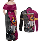 collingwood-and-lions-football-couples-matching-off-shoulder-maxi-dress-and-long-sleeve-button-shirts-2023-grand-final-magpies-brisbane-together