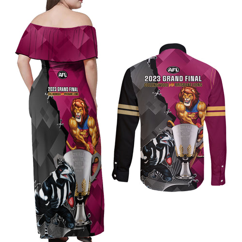 collingwood-and-lions-football-couples-matching-off-shoulder-maxi-dress-and-long-sleeve-button-shirts-2023-grand-final-magpies-brisbane-together