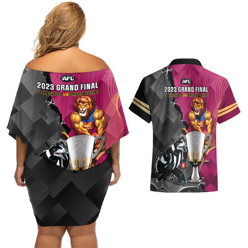 collingwood-and-lions-football-couples-matching-off-shoulder-short-dress-and-hawaiian-shirt-2023-grand-final-magpies-brisbane-together
