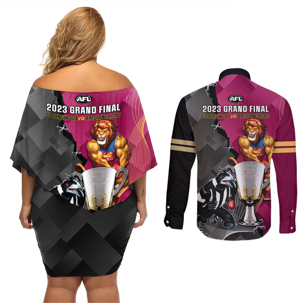 collingwood-and-lions-football-couples-matching-off-shoulder-short-dress-and-long-sleeve-button-shirts-2023-grand-final-magpies-brisbane-together