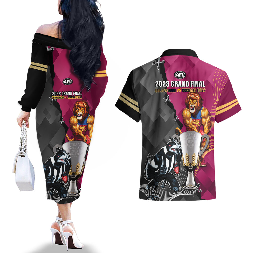 collingwood-and-lions-football-couples-matching-off-the-shoulder-long-sleeve-dress-and-hawaiian-shirt-2023-grand-final-magpies-brisbane-together