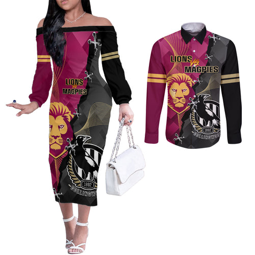 collingwood-and-lions-football-couples-matching-off-the-shoulder-long-sleeve-dress-and-long-sleeve-button-shirts-2023-grand-final-magpies-brisbane-together
