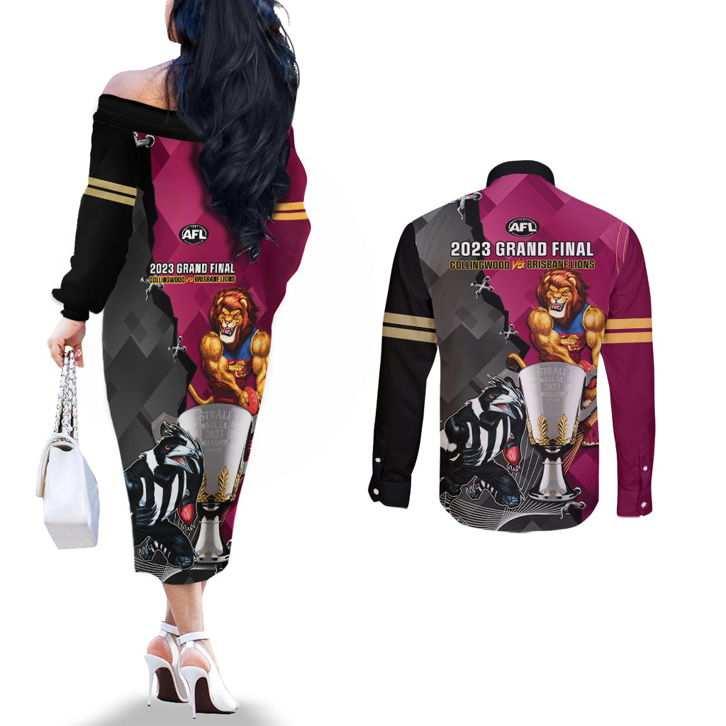 collingwood-and-lions-football-couples-matching-off-the-shoulder-long-sleeve-dress-and-long-sleeve-button-shirts-2023-grand-final-magpies-brisbane-together