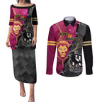 collingwood-and-lions-football-couples-matching-puletasi-dress-and-long-sleeve-button-shirts-2023-grand-final-magpies-brisbane-together
