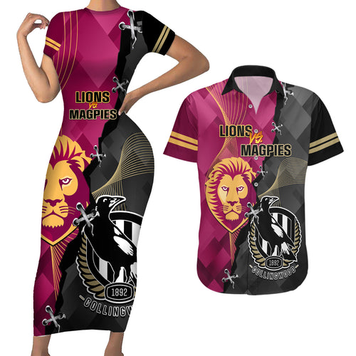 collingwood-and-lions-football-couples-matching-short-sleeve-bodycon-dress-and-hawaiian-shirt-2023-grand-final-magpies-brisbane-together