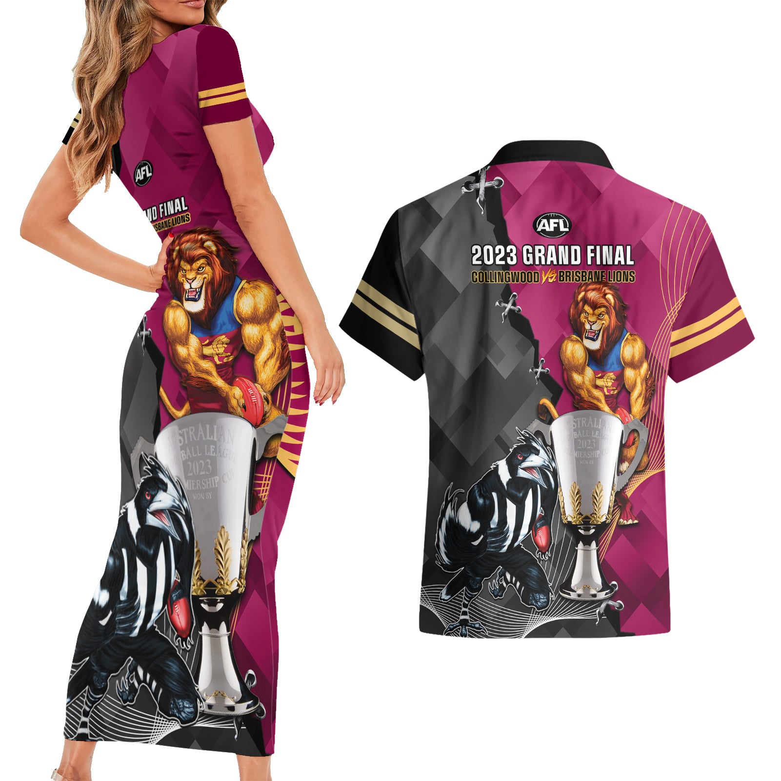 collingwood-and-lions-football-couples-matching-short-sleeve-bodycon-dress-and-hawaiian-shirt-2023-grand-final-magpies-brisbane-together
