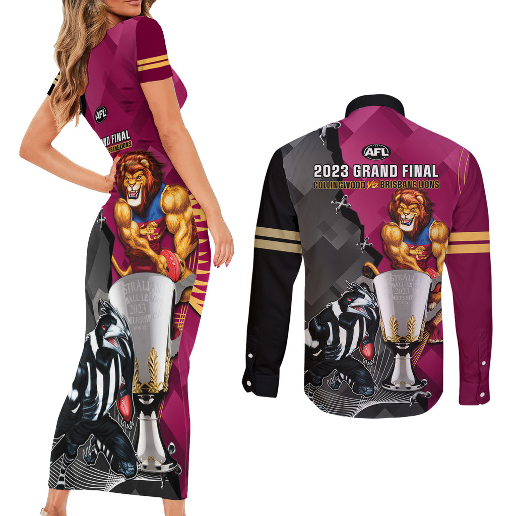 collingwood-and-lions-football-couples-matching-short-sleeve-bodycon-dress-and-long-sleeve-button-shirts-2023-grand-final-magpies-brisbane-together